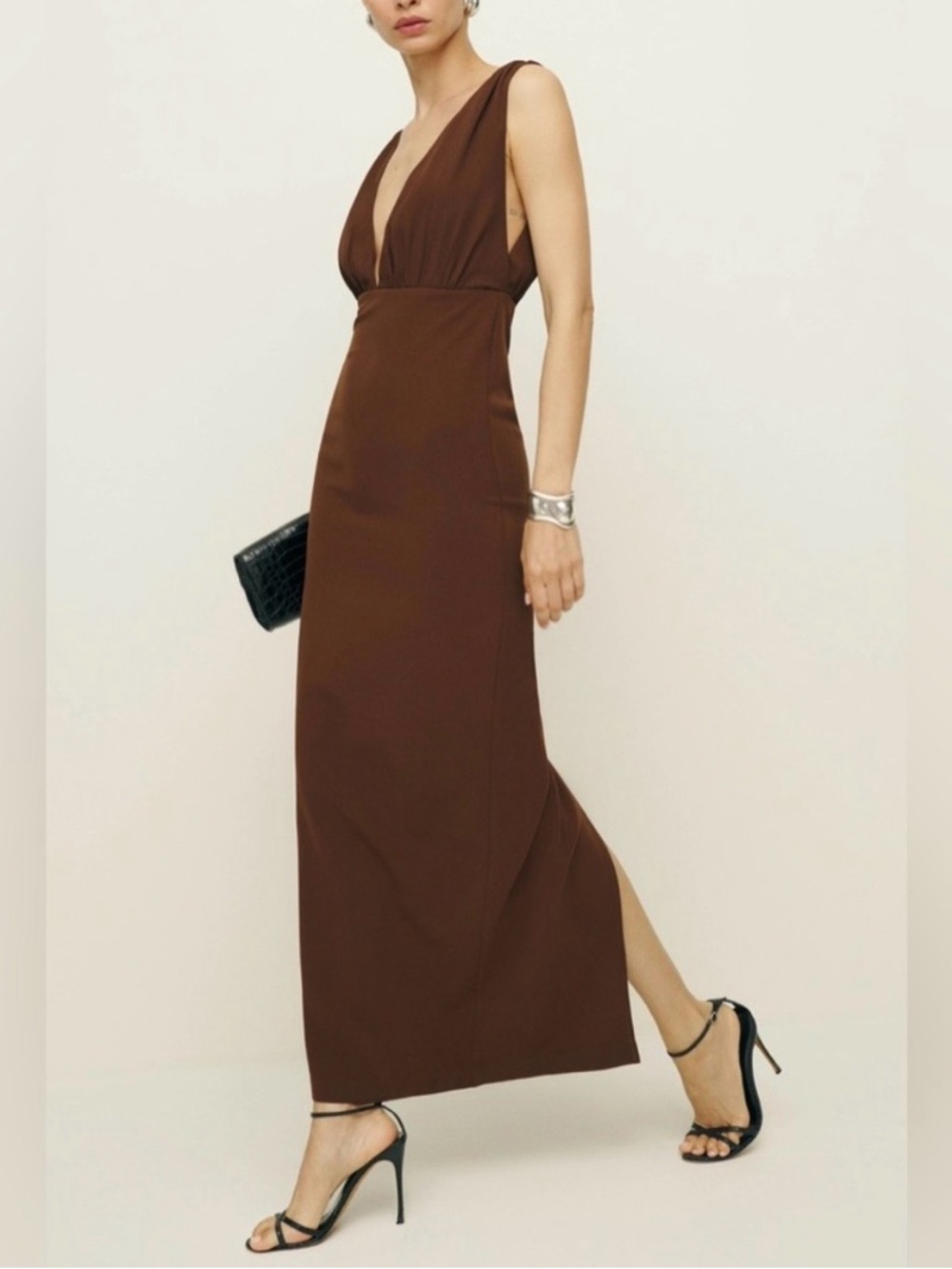 Reformation Brown Deep V Midi Dress